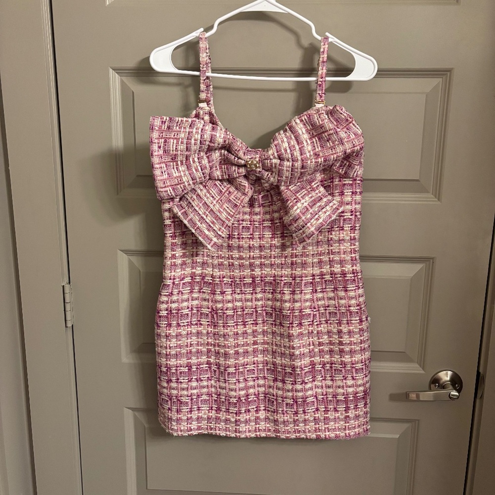 Pink Tweed Bow Cocktail Dress - Sz Large